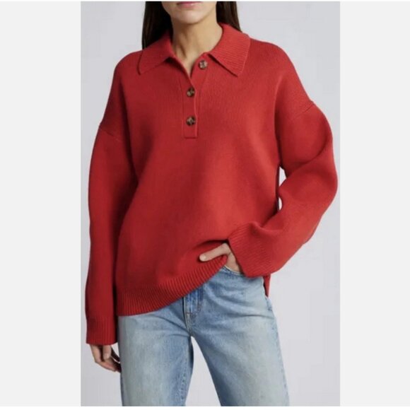 Anthropologie Sweaters - Reformation Red Brooklyn Polo Sweater Organic Cotton Sweater L NWT Anthropologie
